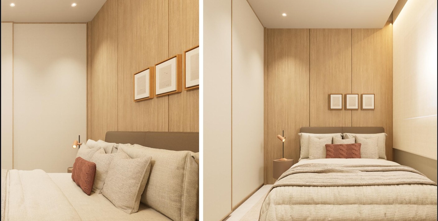 Quarto com painel amadeirado